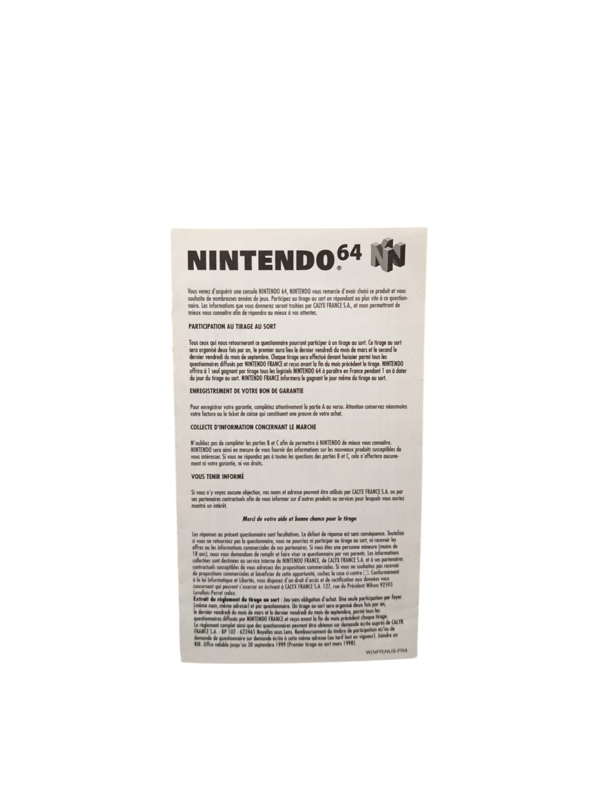 Carte Nintendo France présente avec la Console Nintendo 64