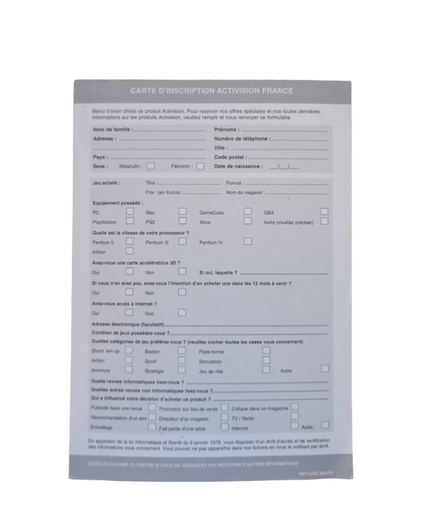 Carte d'inscription Activision GameCube