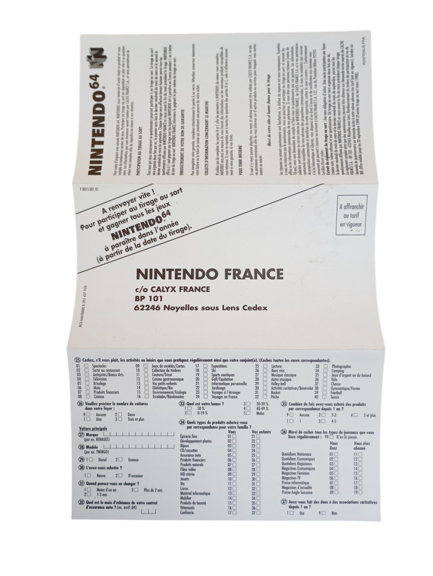 Carte postale tirage au sort Nintendo 64