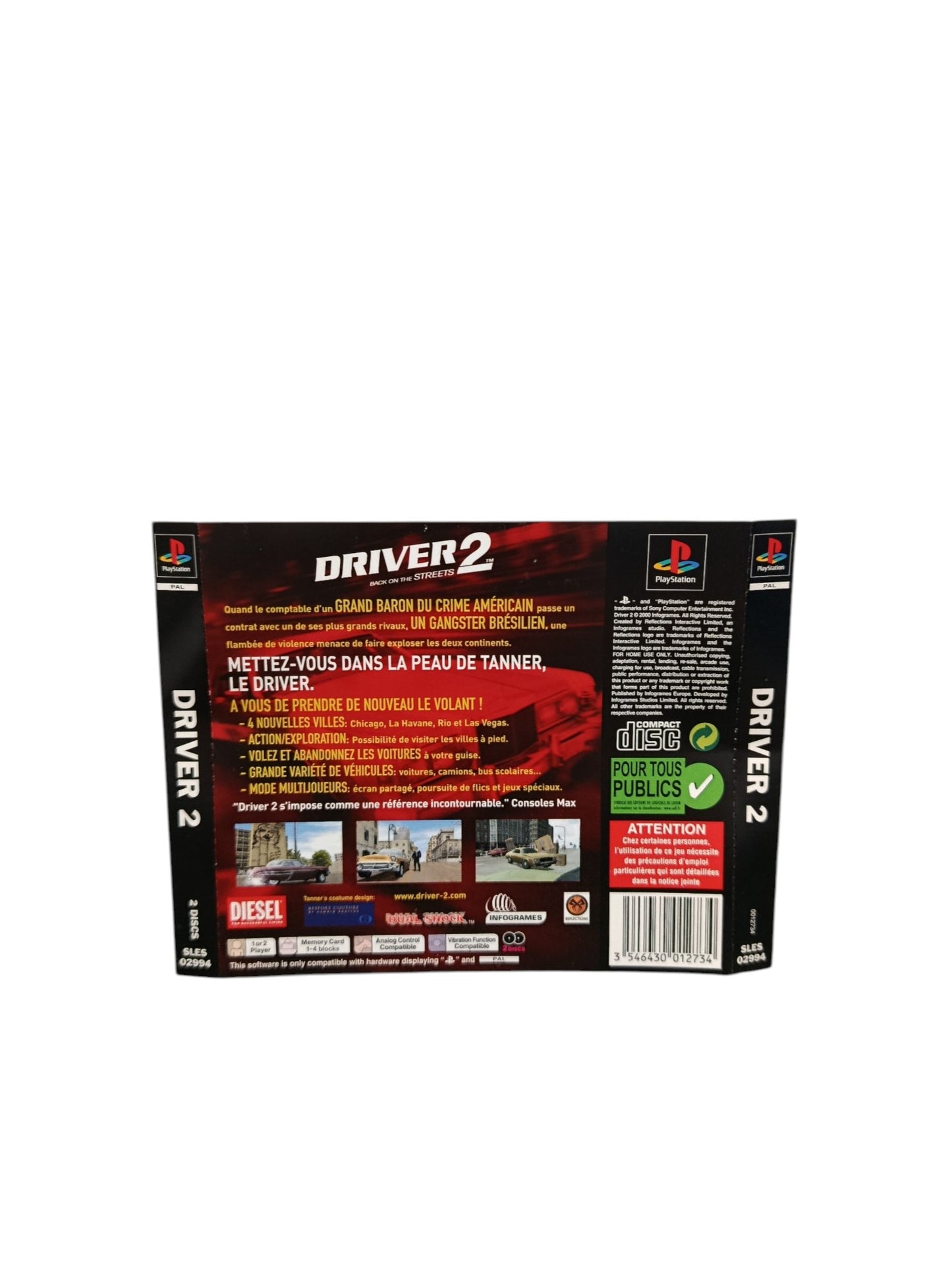 Jaquette Arrière Driver 2 Playstation 1 (PS1) Version FRA Authentique