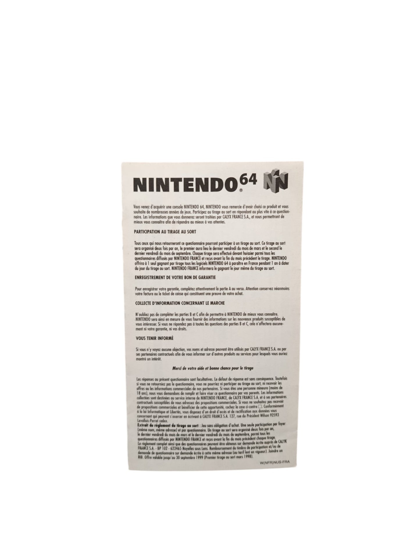 Carte Nintendo France présente avec la Console Nintendo 64